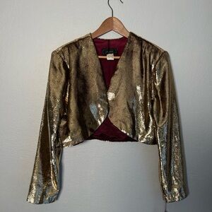 Vintage Darcy Gold Sparkly Bolero Jacket with Burgundy Lining